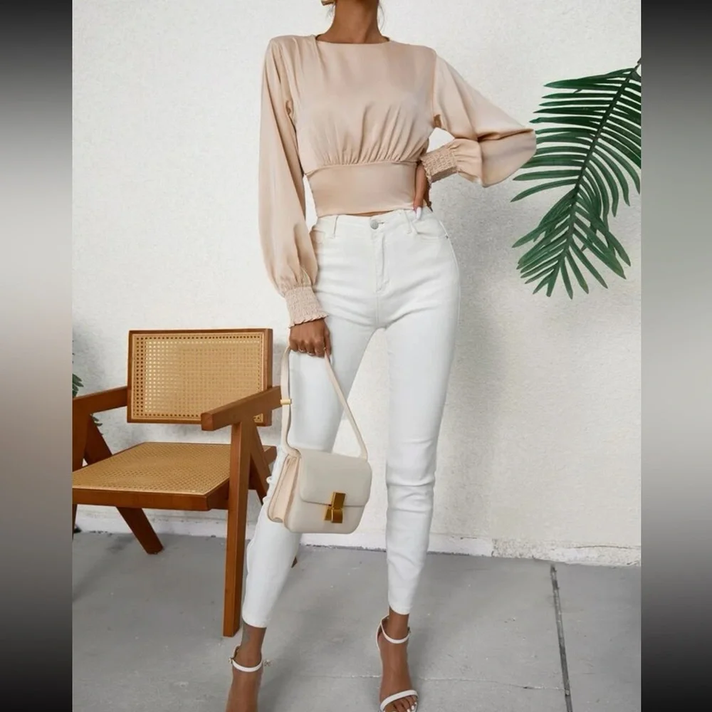 Boho apricot shirred open back crop top